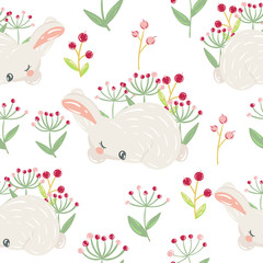 Easter seamless pattern design with bunnies,rabbits,lettering and eggs.Stock vector