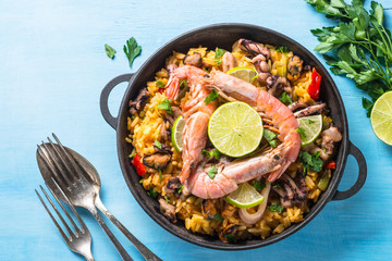 Seafood paella. Traditional spanish dish, top view.