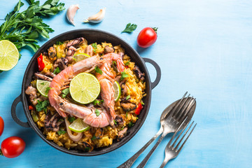 Seafood paella. Traditional spanish dish, top view.