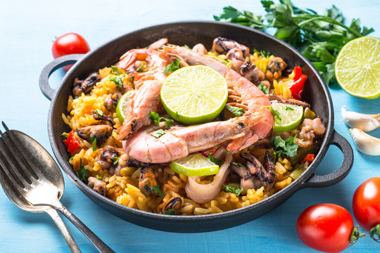 Seafood paella with shrimps, mussel and octopus.