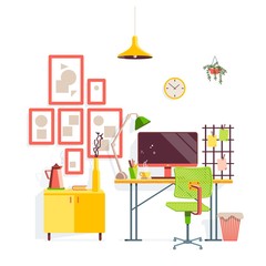 Workplace in room. Stylish and modern interior with flower, table lamp, clipboard, pictures and computer. Illustration in cartoon style.