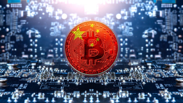 China flag in Silver bitcoins standing on circuit board, business concept.