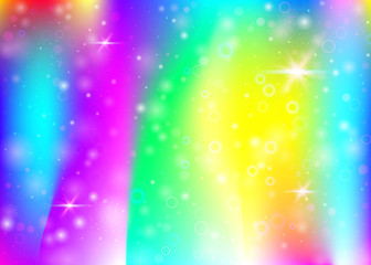 Obraz premium Magic background with rainbow mesh. Liquid universe banner in princess colors. Fantasy gradient backdrop with hologram. Holographic magic background with fairy sparkles, stars and blurs.