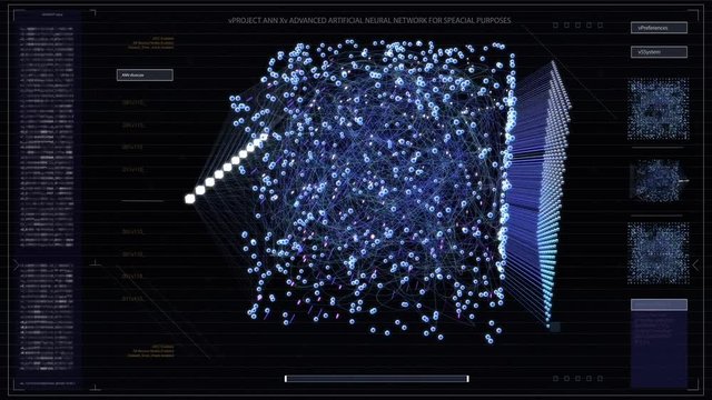 The Concept of: Dark Visualization of Neural Network Working in a Cube. Various Clusters of Connections Loading, Interchanging Stream of Information.