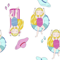 summer vector seamless pattern with cute girl