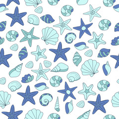 summer vector seamless pattern with seashells