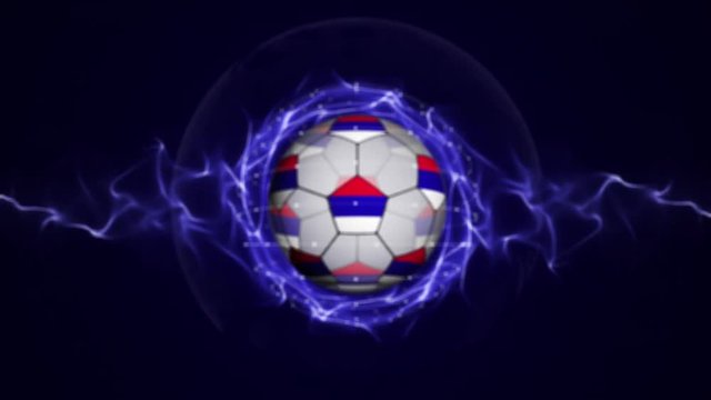 Soccer Ball and World Flag in Blue Abstract Particles Ring, ZOOM IN \ ZOOM OUT, Animation, Background, Loop, 4k
