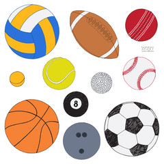 Vector set of sport balls. Hand drawn colored sketch. Isolated on white background. Sport collection