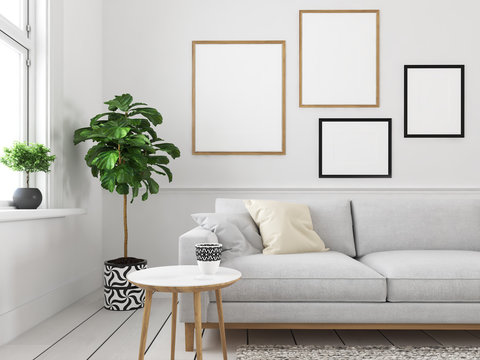 living room with empty picture frames. 3d rendering