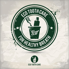 alternative eco friendly tooth care stamp containing: two environmentally sound eco motifs in circle frames, grunge ink rubber stamp effect, textured carton paper background, eps10 vector illustration - 207274962