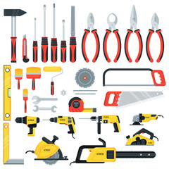 Repair Tools in toolbox. Hammer and pliers, saw and tape measure, brush and file. Flat vector icons for households, service providers isolated on white background.