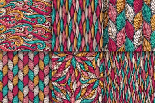 Abstract wavy lines seamless patterns set. Floral organic vector illustration. Bright colorful seamlessly tiling background collection.