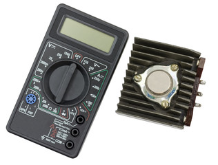 Black color digital multimeter and power transistor