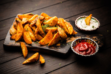 Baked potato fries on wooden table - 207277114