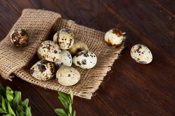 Obraz na płótnie Canvas Quail eggs arranged in pyramid on a napkin with boxwood branches over a wooden table, close-up, selective focus.