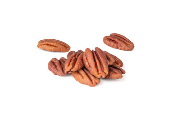 Pecan nuts topped with light salt isolated in pieces on white background (clipping path included of each piece)