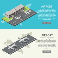 Isometric low poly airport terminal. International arrival departures vector illustration airplane.