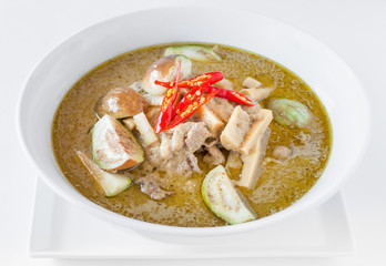 Green chicken curry with eggplant and pickled bamboo shoot. Green curry is a Central Thai variety of curry