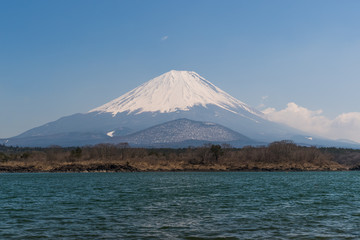 Mountain Fuji and Shojiko lake in spring season