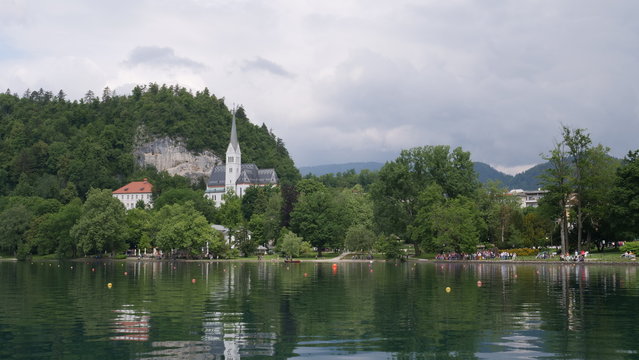Church at Bled island and Alpine lake, Slovenia