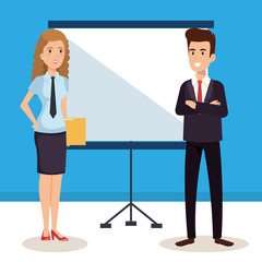 business couple with paperboard training avatars characters vector illustration