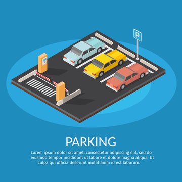 Isometric parking space cars vector illustration city background set