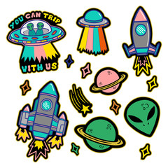 Set stickers or patches on space topic 