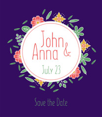 Wedding invitation card. Floral vector illustration. Flowers and leaves. Leaf frame. Violet color