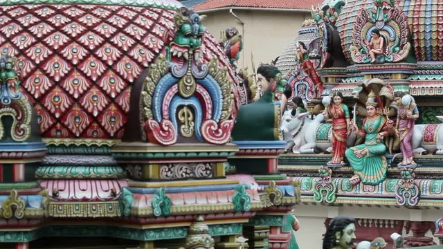 Close up of the Gopuram of the Sri Mariamman Temple in Singapore. A Dravidian style temple in Singapore's Chinatown, Singapore, South East Asia