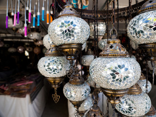 Turkish decorative lamps in street markets in Cappadocia.