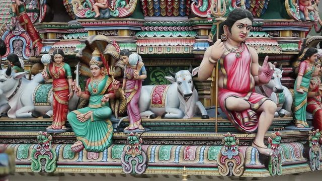 Close up of the Gopuram of the Sri Mariamman Temple in Singapore. A Dravidian style temple in Singapore's Chinatown, Singapore, South East Asia
