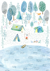Camping in the woods and lake.Tourism and fishing.Tent, trees, bonfire, plants and moon.Landscape.Watercolor hand drawn illustration.White background.