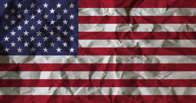 USA flag on crumpled recycle paper background