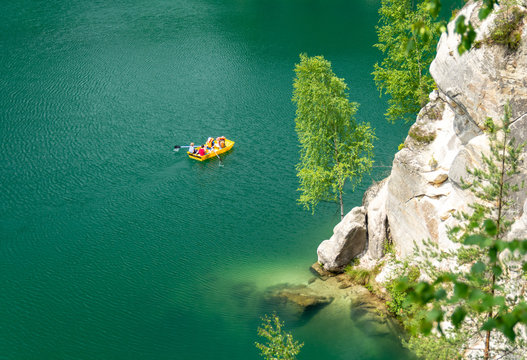 emerald piskovna lake in Adrspach rock town, Teplice rocks, Czech republic