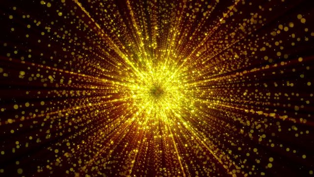Abstract particles gathering in the center of virtual space. A bright light tunnel of particles. Looped