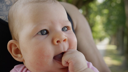 CLOSE UP: Cute baby girl puts her tiny hand in her mouth while in dad's lap.