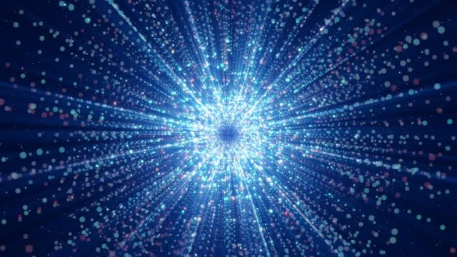 Abstract particles gathering in the center of virtual space. A bright light tunnel of particles. Looped