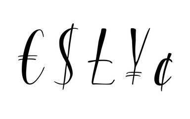 Pen lettering currency symbols. Modern calligraphy, handwritten letters. Vector illustration