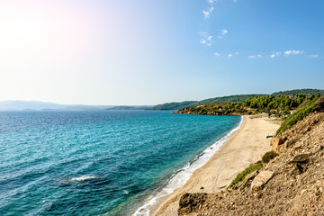 beach on the Mediterranean in a clear sunny day, Greece, Halkidiki.