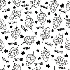 Seamless pattern with black grapes, leaves and words Wine on the white background.