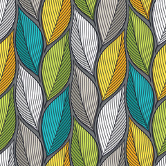 Stylized colorful leaves seamless pattern. Nature universal textures. Hand drawn decorative floral ornamental background. Vector illustration