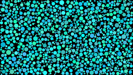 Abstract background of circles of different sizes in shades of light blue colors on black background.