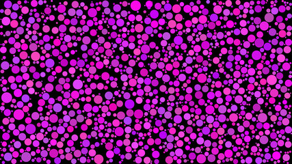 Abstract background of circles of different sizes in shades of purple colors on black background.