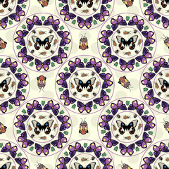 Symmetric seamless pattern with beetles and butterflies. Repeatable vector wallpaper.