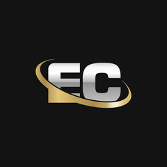 Initial letter EC, overlapping swoosh ring logo, silver gold color on black background