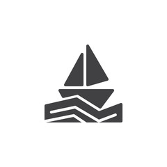 Sailboat in the sea vector icon. filled flat sign for mobile concept and web design. Travel yacht on waves solid icon. Symbol, logo illustration. Pixel perfect vector graphics