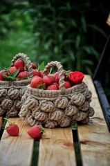 Fresh strawberries in a wicker basket. Macrame. In the green garden. On the bench