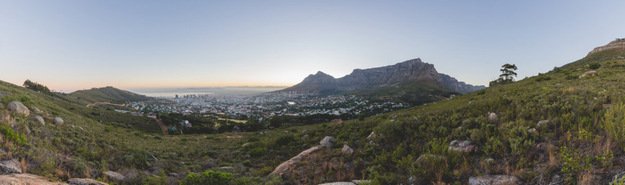 Panorama of Table Mountain in Cape Town at sunset