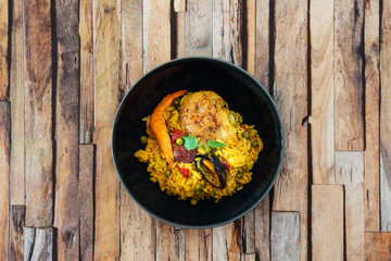 Prawn with rice - closeup of prawn with rice - traditionnal spanish food paella