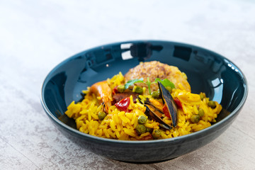 Prawn with rice - closeup of prawn with rice - traditionnal spanish food paella
